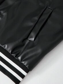 SHEIN Tween Girls Letter & Striped Print Button-Up Long Sleeve Jacket - Black - View 7