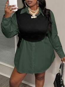 Slaydiva 2pcs Plus Size Elegant Casual Loose Contrast Color Tie Up Shirt & Dress Set For Summer & Autumn