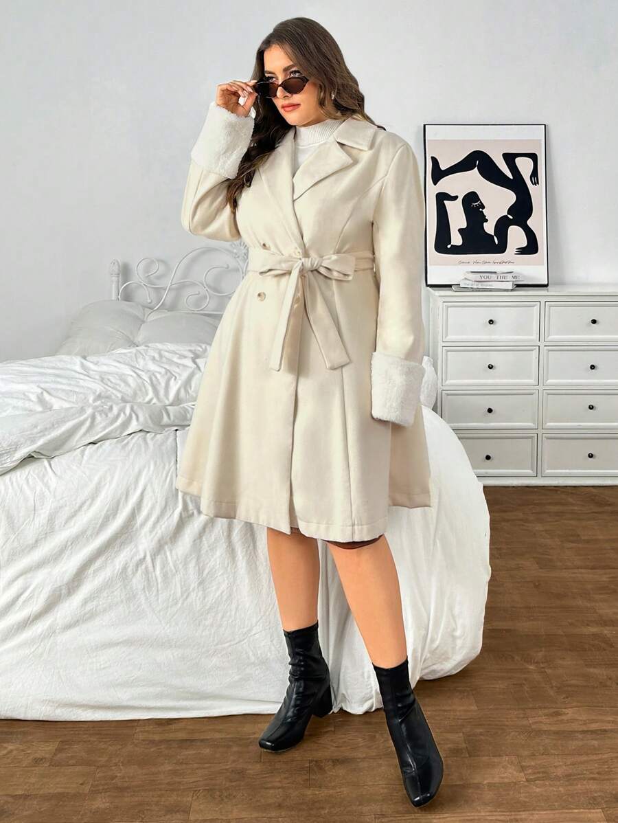 SHEIN Privé Plus Size Autumn/Winter Warm Fashionable Contrast Color Patchwork Lace-Up A-Line Short Overcoat - Apricot - View 1