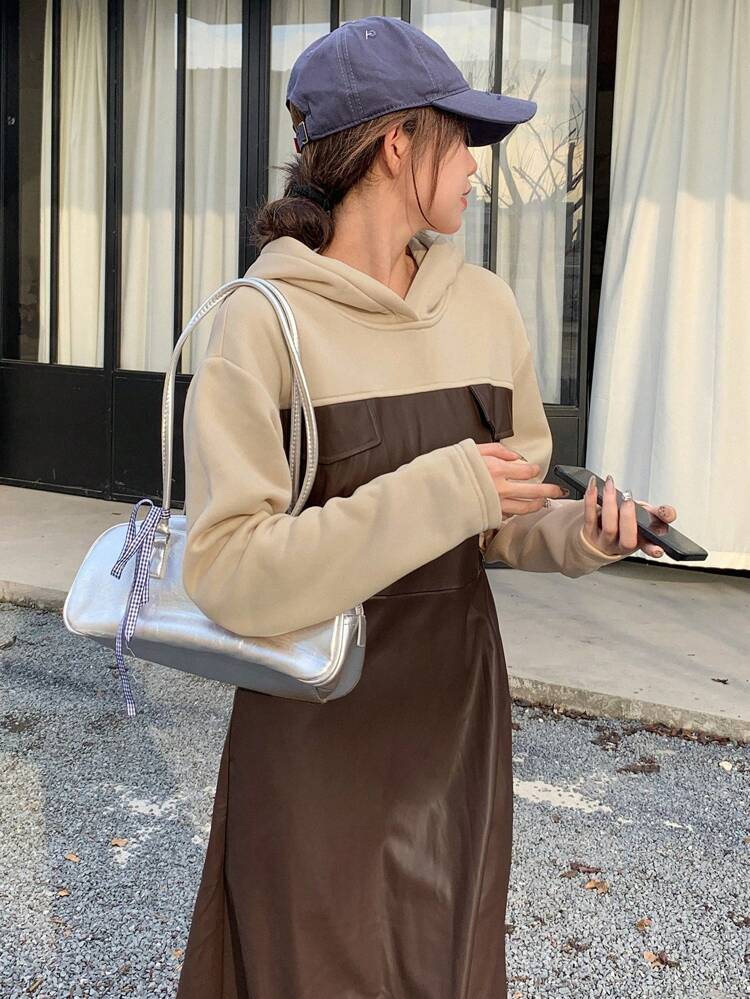 Women's Autumn/Winter Splice PU Leather Color Block Hooded Long Sleeve Midi Dress