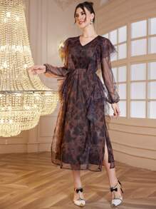 Modelyn Women's Long Leopard Print Ruffled Hem Mesh Overlay Elegant Dress Long Evening Dresses - Multicolor - View 5