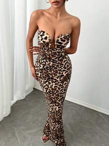SHEIN SXY Váy dự tiệc hở lưng họa tiết da báo cho phụ nữ gợi cảm, mùa thu/đông - Nhiều màu - Xem 3