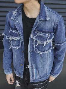 Manfinity Roghcode Men's Casual Distressed Denim Jacket For Autumn - Blue - View 5
