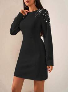 EURMUSE Premium Sprinkled With Sparkling Crystals Embellished Shoulder A-Line Crew Neck Long Sleeve Business To Party Fancy Mini Dress - Black - View 3