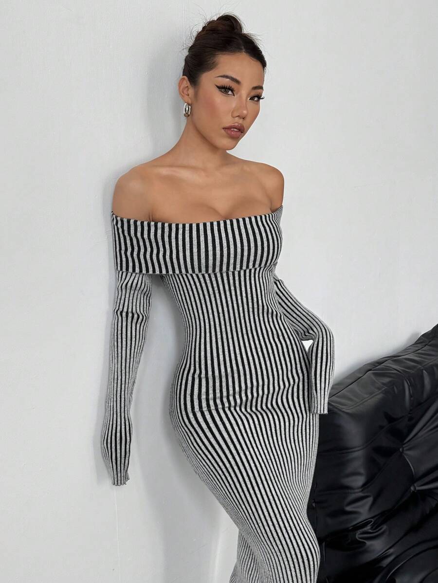 SHEIN Unity Casual Off Shoulder Striped Fitted Long Sweater Dress ...