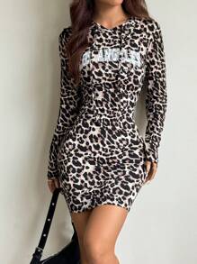 SHEIN EZwear 女士休闲豹纹针织连帽紧身连衣裙，秋季 - 卡其色 - 查看 3