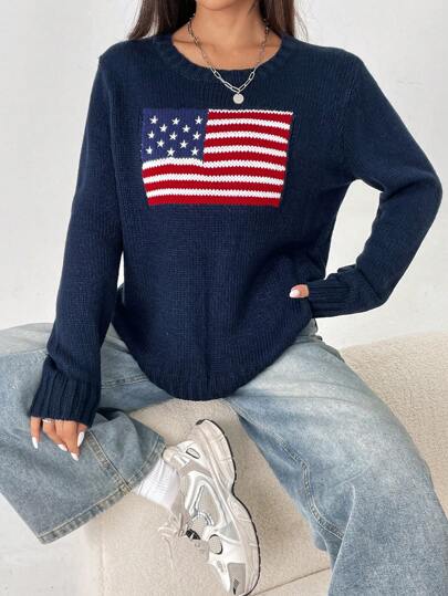 SHEIN PETITE Femmes Chandail à manches longues décontracté à col rond avec motif du drapeau américain du 4 juillet, hauts pour l'école en automne/hiver