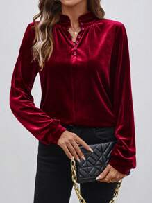 SHEIN LUNE Chemise élégante à col montant et manches bouffantes unicolore, automne