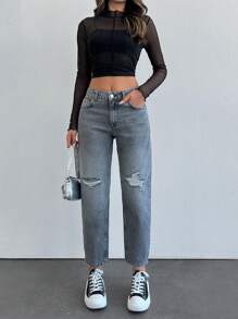 SHEIN MID-TAILLE GESCHEURDE MOM FIT GRIJZE JEANS