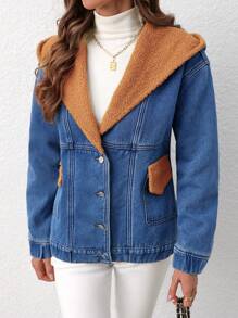 SHEIN LUNE Women's Casual Single-Breasted Denim Fleece Hooded Jacket, Autumn/WinterThermal Thickened Denim - Blue - View 5