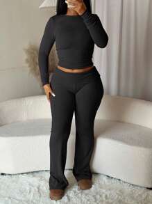 2件套纯色圆领长袖简约上衣和裤子薄羊毛休闲套装，秋冬 - 黑色 - 查看 6