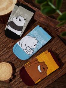 We Bare Bears X SHEIN 3pcs/Pack Cute Cartoon Bear Pattern Women Ankle Socks - Multicolor - View 2