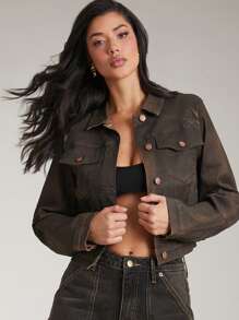 Denimoi Women Autumn Single-Breasted Flap Pocket Casual Denim Jacket - Brown - View 1