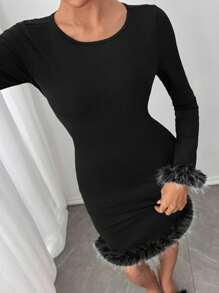 SHEIN SXY 秋冬款女士性感派对蓬松拼接短款连衣裙 - 黑色 - 查看 1