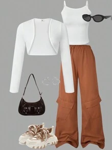Teen Girl Casual 3-Piece Set: Solid Long Sleeve Open Front Jacket, Camisole & Cargo Pants, Autumn, Fall Outfit - Mocha Brown - View 1