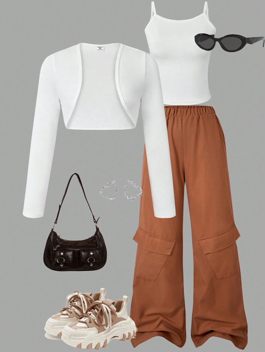 Teen Girl Casual 3-Piece Set: Solid Long Sleeve Open Front Jacket, Camisole & Cargo Pants, Autumn, Fall Outfit - Mocha Brown - View 1