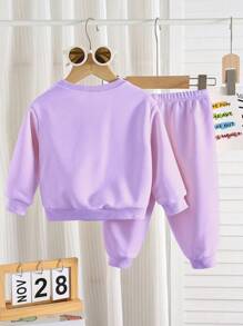 SHEIN Leap Crew Bộ áo nỉ dày cổ tròn mềm mại, giản dị tối giản cho bé gái, phù hợp cho mùa thu/đông - Màu tím - Xem 2