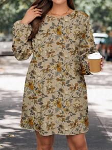 SHEIN LUNE Robe mi-longue à manches lanternes pour femmes grande taille, style casual d'automne. Vêtements convenant à l'automne/hiver