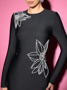 Glamrae Elegante Abito da sera lungo a maniche lunghe con scollo a barchetta, con decorazione a bolle di perle, modellante, con fessura sulla schiena, adatto per matrimoni, lauree, cene - nero - Visualizzare 7