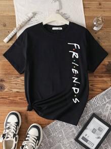FRIENDS X SHEIN Casual Loose Crew Neck Short Sleeve Women T-Shirt, Suitable For Summer,Graphic Tee