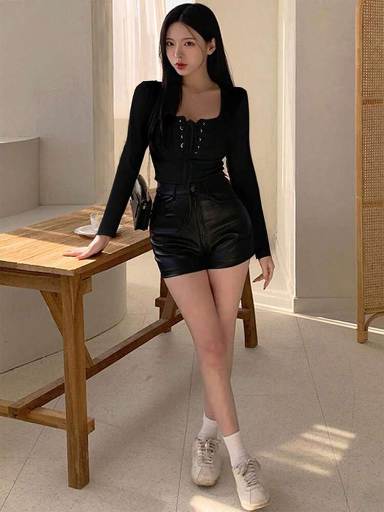 Women's Solid Color Tie Front Long Sleeve T-Shirt, For Casual Everyday Wear In Autumn,Fall Women Clothes