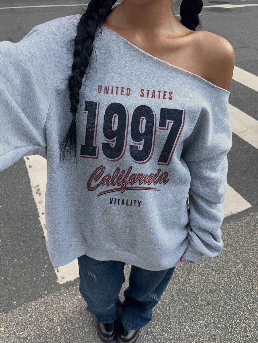 SHEIN EZwear 女士露肩宽松休闲简约字母图案印花长袖运动衫 - 淺灰色 - 查看 1