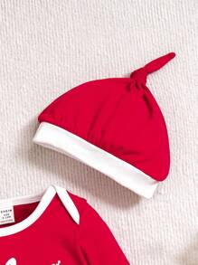 2pcs/Set Baby Boy Christmas Letter Print Color Block Long Sleeve Jumpsuit And Hat Outfits