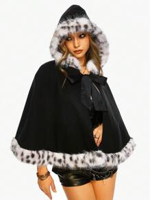 ROMWE Kawaii Abrigo vintage con cuello de piel y adorno de lazo para mujeres, dulce y lindo, apto para otoño/invierno - Negro - Ver 1