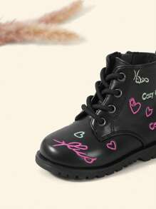 Cozy Pixies Baby Girls Heart & Letter Thêu Side Zip Breathable Lace Up Combat Boots For Outdoor - màu đen - Xem 10