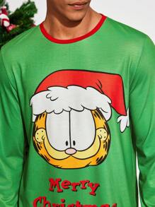 GARFIELD | SHEIN 男士卡通圣诞印花撞色领 T 恤和裤子家居服套装，可作为礼物 - 綠色 - 查看 6