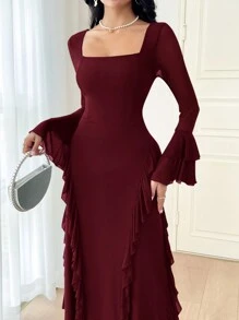 Modelyn 勃艮第红色女士方领长袖褶皱简约长款休闲连衣裙长款晚礼服 - 酒紅色 - 查看 4