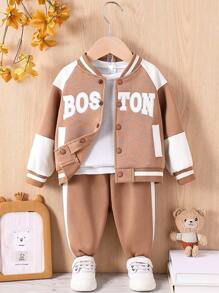 SHEIN Juego de 2 piezas para bebé niño/niña: Chaqueta de felpa de punto y pantalones, color marrón/blanco, diseño deportivo de béisbol con bordado de letras a juego, diseño de parches casual, adecuado para otoño/invierno