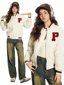 Teen Girls' Casual Quilted College Style Contrast Color Baseball Jacket, Autumn/Winter - Beige - View 1