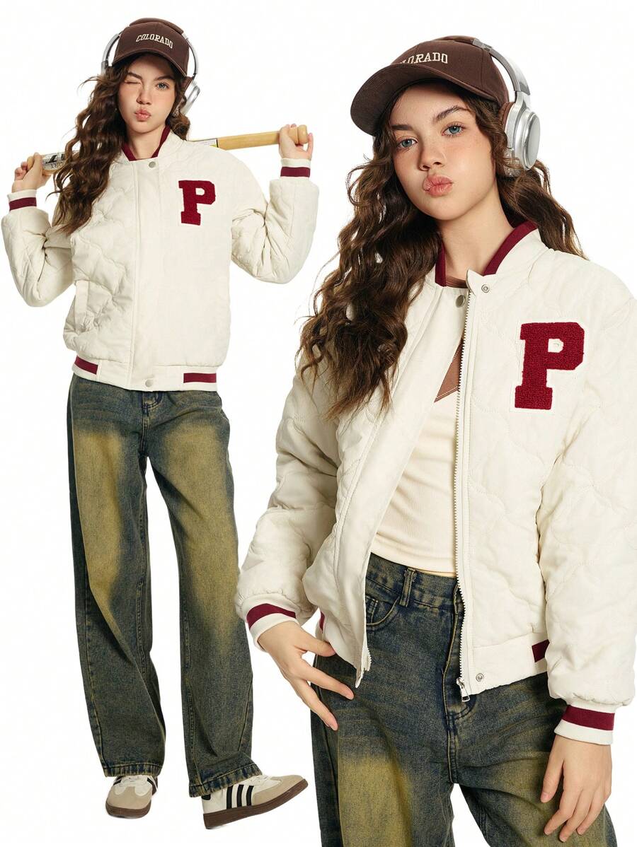 Teen Girls' Casual Quilted College Style Contrast Color Baseball Jacket, Autumn/Winter - Beige - View 1