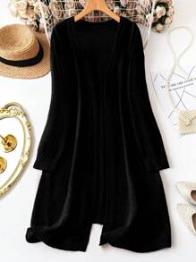 SHEIN LUNE 大码女式纯色长袖前开长款休闲开衫，秋冬