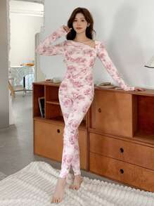 DAZY Floral Print Asymmetric Neckline Fitted Pajama Set - Pink - View 6
