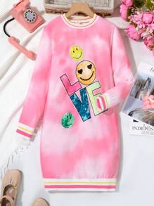 Vestido de manga larga con cuello redondo, estampado minimalista de teñido anudado y cara sonriente de amor para niña preadolescente
