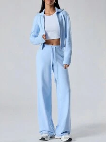 LYSMO 2 件套女士纯色拉链开衫和针织裤休闲套装，秋冬 - 藍色 - 查看 3