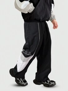 ROMWE MEN Street Life 男士标语印花裤，适合春夏日常穿着 - 黑色 - 查看 1