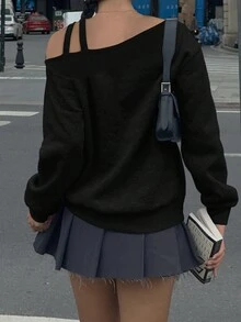 SHEIN EZwear Áo thun dài tay thoải mái thường ngày dành cho nữ có họa tiết bộ xương in Graffiti, dây đeo chéo, cổ tay chun, màu hồng - màu đen - Xem 2