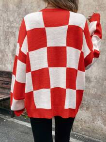 SHEIN LUNE Christmas Women Clothes Women's Orange Checkered Warm Sweater For Christmas, Winter,Long Sleeve Tops - Red - View 2