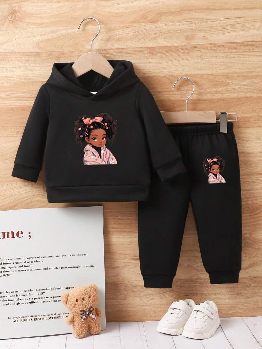 Bộ 2 món áo hoodie và quần in hình bướm cho bé gái mới biết đi, trang phục thường ngày cho mùa xuân thu - màu đen - Xem 1