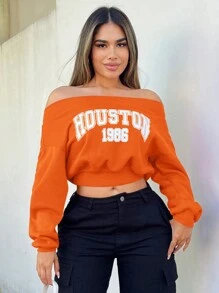 SHEIN SXY Sudadera corta para mujer con estampado de letras y hombros al descubierto, estilo primavera - Naranja - Ver 4