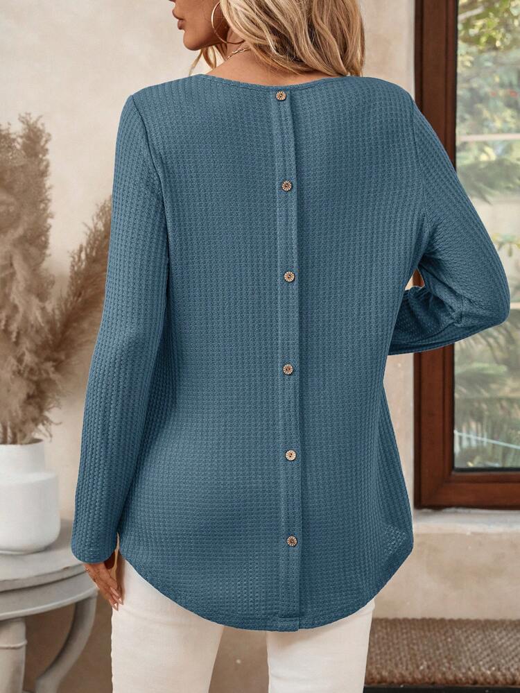 Women's Casual Solid Color Button Back Curved Hem T-Shirt Women Long Sleeve Tops Grey Tops For Women Gray Blouse Women Solid Color T Shirt Tops Women Women Women's Fall Clothes
