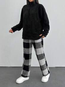 EURMUSE Double-Sided Velvet Comfortable And Soft Plaid Fabric Two-Piece Set - Black - View 4