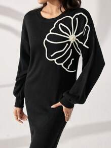 Modelyn Damen Strickpulloverkleid mit kontrastfarbener Stickerei und 3D-Blumenmuster und langen Ärmeln, Drop-Shoulder - Schwarz - Übersicht 7
