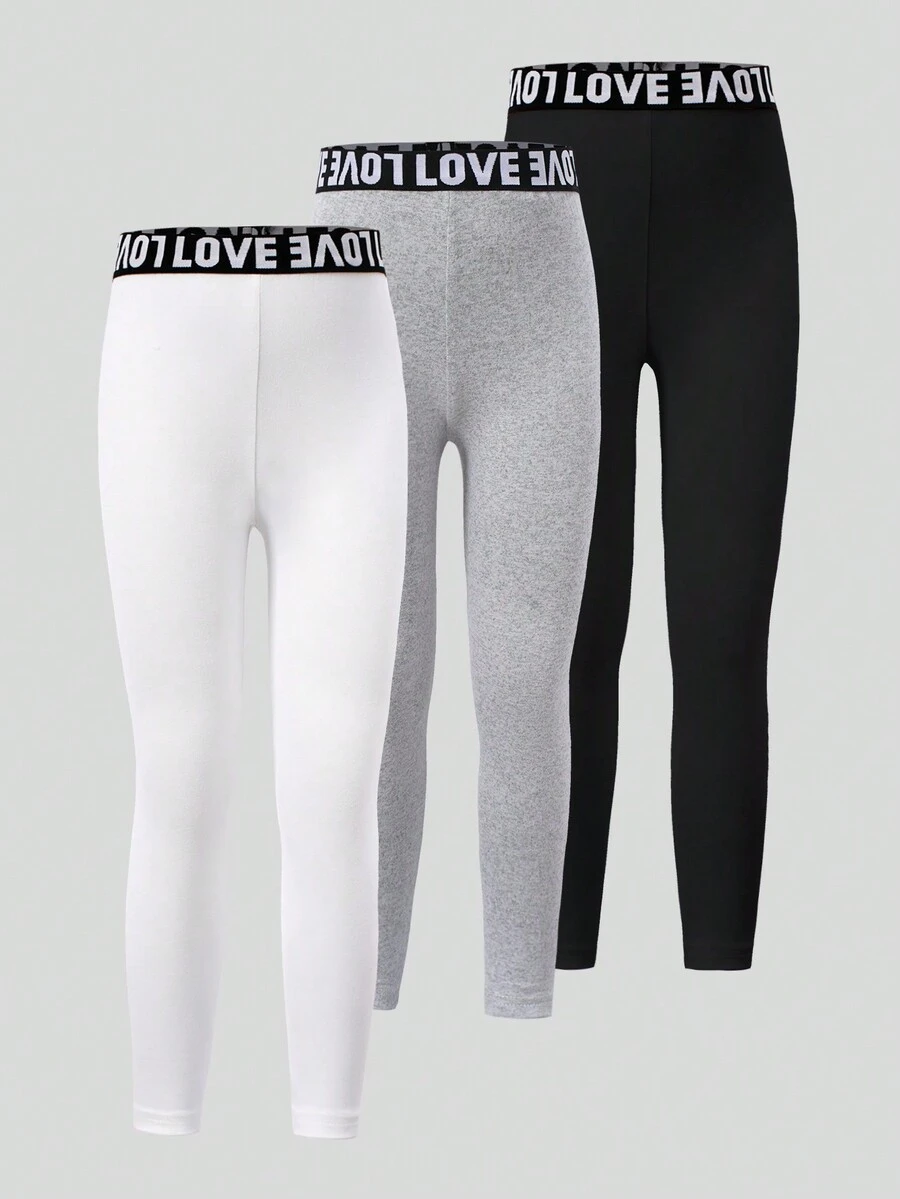 3 件装年轻女孩文字腰带装饰黑色舒适运动紧身裤 - 彩色 - 查看 1