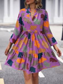 SHEIN LUNE Autumn Casual Ginkgo Leaf Print Off-Shoulder Bell Sleeve Dress
