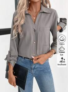 SHEIN LUNE Casual Comfortable Button-Front Long Sleeve Shirt With Pockets, Autumn - Brown - View 1