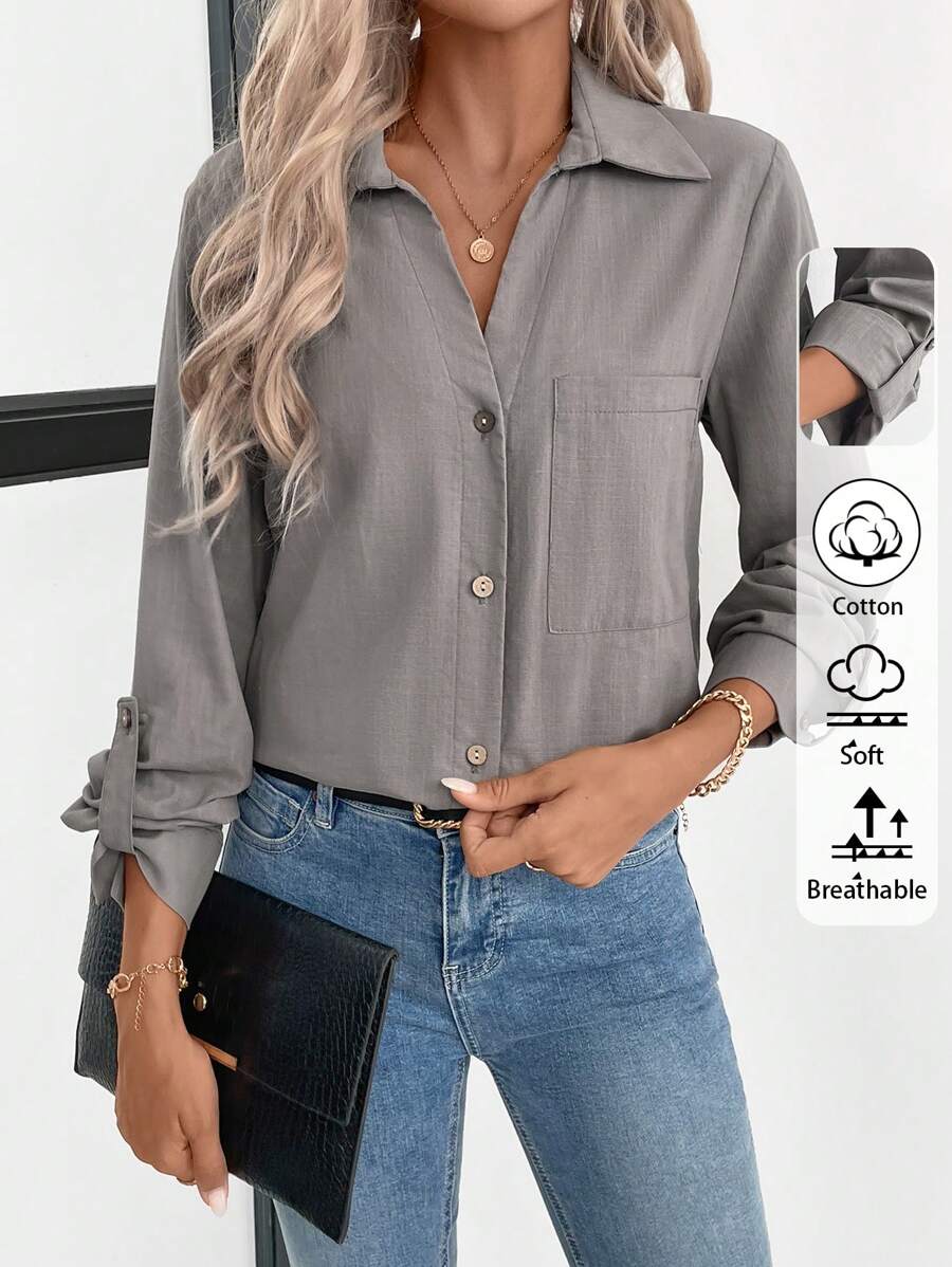 SHEIN LUNE Casual Comfortable Button-Front Long Sleeve Shirt With Pockets, Autumn - Brown - View 1